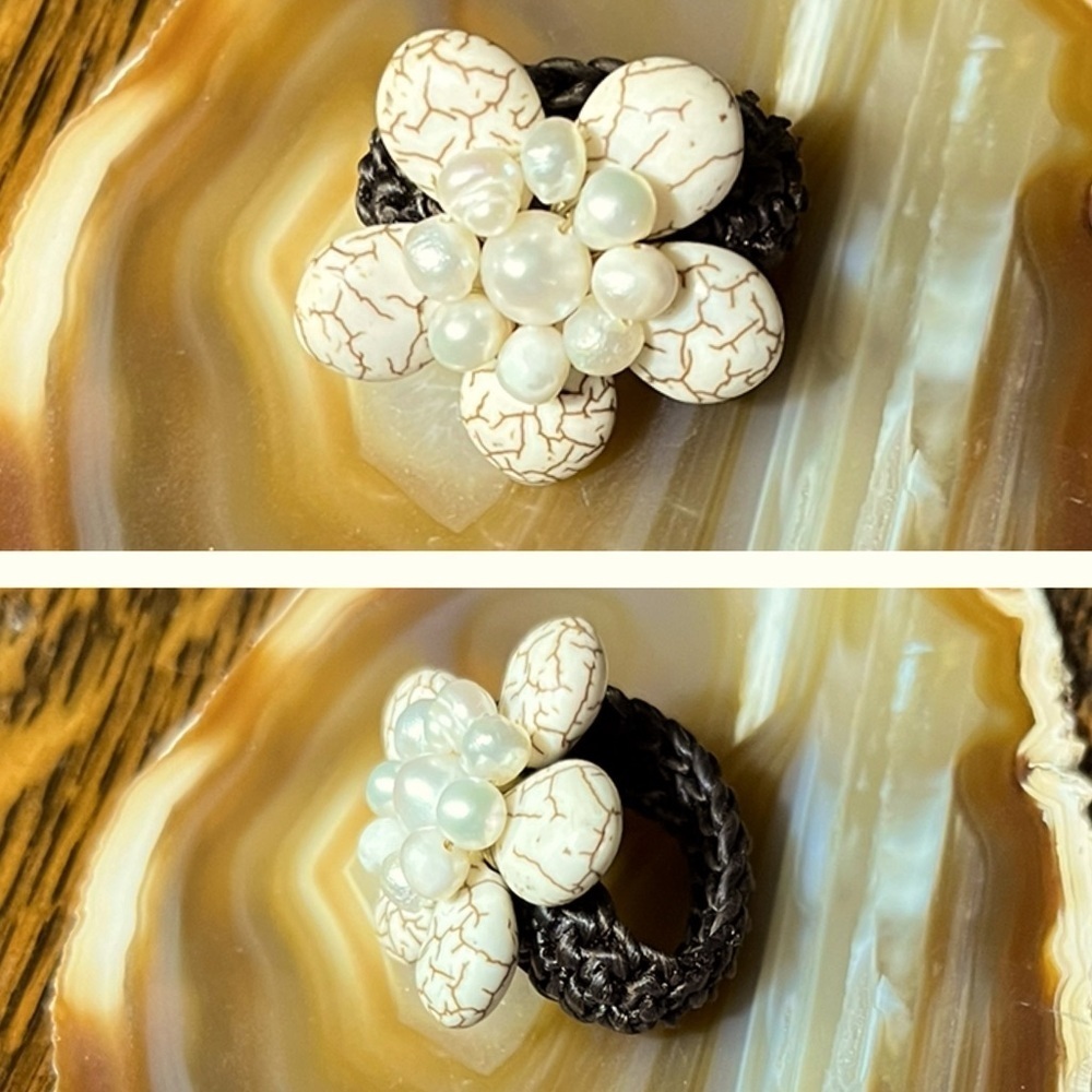 White Howlite/ Pearl Beaded Flower Braided Band Handmade Ring